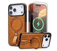BUTAIGA for iPhone 17 Pro Max Case Leather | iPhone 17 Pro Max Leather Case with Stand | Compatible with MagSafe with Magnetic Ring Grip Holder (Brown, IP17 Pro Max-6.9inch)