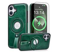 BUTAIGA Magnetic Ring Grip Holder for iPhone 16 Plus Case Leather | iPhone 16 Plus Leather Case with Stand | Compatible with MagSafe (Green, IP16 Plus-6.7inch)