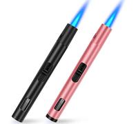 Butane Torch Lighters 2 Pack Jet Windproof Lighter Long Reach Gas Pen Torch Flame Lighter with Gas Window for BBQ Camping, Candles, Fireplace, Grill (Black&Rose Gold) (Without Butane)