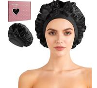 BUTBU 100% Mulberry Silk Bonnet for Sleeping Women, 22 Momme Double Layer Satin Bonnet, Soft and Comfortable Night Hair Sleep Cap, Silk Hair Wrap for Curly and Long hair (Black)