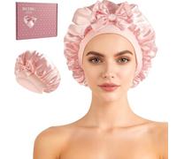 BUTBU 100% Mulberry Silk Bonnet for Sleeping Women, 22 Momme Double Layer Satin Bonnet, Soft and Comfortable Night Hair Sleep Cap, Silk Hair Wrap for Curly and Long hair (Pink)