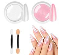 BUTBU Chrome Nail Powder, 2 Colors White Pearl Nail Chrome Powders, Metallic Mirror Effect Pigment Nails Powder, Aurora Pearlescent Powders Glitter for DIY Nail-Art Design Decoration (Pink, White)