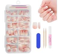 BUTBU French False Nails, 120 Pcs Short Coffin Press on Nails Kit, Full Cover Stick on Nails with Glue, 12 Sizes Nude Color Nail Tips for Women and Girls Manicure Art Salon (Pink Gradient)