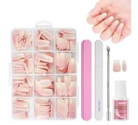 BUTBU French False Nails, 240 Pcs Medium Coffin Press on Nails Kit, Full Cover Stick on Nails with Glue, 12 Sizes Nude Color Nail Tips for Women and Girls Manicure Art Salon (Pink Gradient)