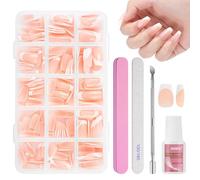 BUTBU French False Nails, 240 Pcs Short Coffin Press on Nails Kit, Full Cover Stick on Nails with Glue, 15 Sizes Nude Color Nail Tips for Women and Girls Manicure Art Salon (Pink)