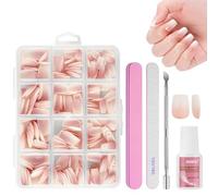BUTBU French False Nails, 240 Pcs Short Coffin Press on Nails Kit, Full Cover Stick on Nails with Glue, 12 Sizes Nude Color Nail Tips for Women and Girls Manicure Art Salon (Pink Gradient)