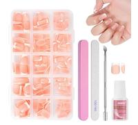 BUTBU French False Nails, 240 Pcs Short Round Square Press on Nails Kit, Full Cover Stick on Nails with Glue, 15 Sizes Nude Color Nail Tips for Women and Girls Manicure Art Salon (Pink)