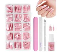 BUTBU French False Nails, 240PCS Medium Coffin Press on nails Kit, Full Cover Stick on nail with Glue, 15 Sizes Nude Color Nail Tips for Women and Girls Manicure Art Salon (Pink B)