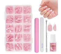 BUTBU French False Nails, 240PCS Short Almond Press on nails Kit, Full Cover Stick on nail with Glue, 15 Sizes Nude Color Nail Tips for Women and Girls Manicure Art Salon (Pink B)