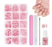BUTBU French False Nails, 240PCS Short Coffin Press on nails Kit, Full Cover Stick on nail with Glue, 15 Sizes Nude Color Nail Tips for Women and Girls Manicure Art Salon (Pink B)