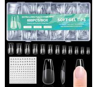 BUTBU Long Coffin Nail Tips, 600Pcs Soft Gel Full Cover Nails-Tips, Clear Acrylic False Press on Nail Tip, 12 Sizes NAIL Extensions Kit for DIY Manicure Art Salon