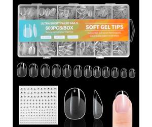 BUTBU Nail Tips, 600PCS Soft Gel Full Cover Nail-Tip, Press on Fase Artificial Nails Tips, Clear Acrylic Nails Tips, 12 Sizes NAIL Extensions Kit for DIY Manicure Nail Art Salon (Short Circle)