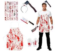 Butcher Costume, Halloween Bloody Apron Fancy Dress Costume Accessory with Apron Headband 30 Tattoo Stickers, Gloves Butcher Outfit for Adult Halloween Costumes Dress Up for Carnival Masquerade Party