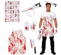 Butcher Costume, Halloween Bloody Apron Fancy Dress Costume Accessory with Apron Headband 30 Tattoo Stickers, Gloves Butcher Outfit Halloween Costumes Dress Up for Adult Carnival Masquerade Party