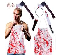 Butcher Halloween Costume for Men Adult Scary, Chef Bloody Apron Headband Axe Knife Props Fake Blood Scar Tattoos Stickers Halloween Butcher Outfit Killer Fancy Dress Up Party (Axe)