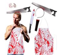 Butcher Halloween Costume for Men Adult Scary, Chef Bloody Apron Headband Axe Knife Props Fake Blood Scar Tattoos Stickers Halloween Butcher Outfit Killer Fancy Dress Up Party (Saw)