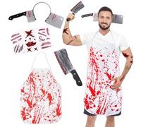 Butcher Halloween Costume Set - 6Pcs Bloody Scary Adult Men Teen Cosplay With Apron, Knife, Headband, Fake Toy Tattoo Stickers for Carnival Fancy Dress
