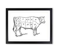 Butchers Beef Cow Map Meat Cuts Vintage Framed Print | A2 Black Framed Wall Art | Ready to Hang | Classic Map Picture | Living Room Bedroom Lounge Office