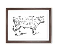 Butchers Beef Cow Map Meat Cuts Vintage Framed Print | A3 Walnut Framed Wall Art | Ready to Hang | Classic Map Picture | Living Room Bedroom Lounge Office