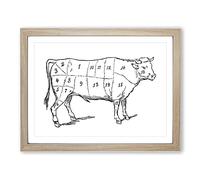 Butchers Beef Cow Map Meat Cuts Vintage Framed Print | A4 Oak Framed Wall Art | Ready to Hang | Classic Map Picture | Living Room Bedroom Lounge Office