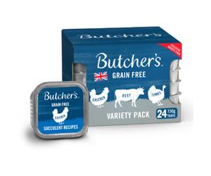 Butcher's Complete Wet Tray Grain Free Hypoallergenic Adult Dog Food Variety Pack 24x150g - Chicken, Beef & Turkey - Complete & Balanced