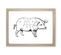 Butchers Pig Pork Map Meat Cuts Vintage Framed Print | A3 Oak Framed Wall Art | Ready to Hang | Classic Map Picture | Living Room Bedroom Lounge Office