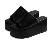 Butevar Platform Sandals Slides for Women Black Chunky Platform Wedge Comfortable Open Toe Slip on Flatform Sandals Casual, Black, 4.5 UK