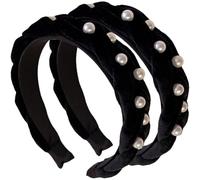 BUTIFULSIC 2pcs Pearl Headbands for Women Elastic Velvet Hair Bands with Elegant Wide Design and Less Head Compression, for School and Dating, Black Colour