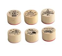 BUTIFULSIC 6pcs Wooden Happy Birthday Stamps Set for DIY Craft and Scrapbook with Decorative Round Seals, Retro Style for Party Invitations and Journal Decoration Color