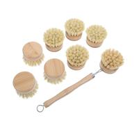 BUTIFULSIC 8pcs Bamboo Kitchen Scrub Brush with Ergonomic Grip and Replacement Heads, Effective Dish Scrubber for Stainless Steel and Ceramic Pots, for Household Cleaning and Reducing Hand