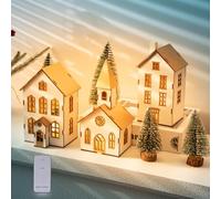 BUTITNOW 7 Pcs Christmas Village Figurines Sets - 3 LED Lighted Houses with Remote Control & 4 Trees - Christmas Decorations Indoor - Xmas Holiday Farmhouse Rustic Decor for Table Room