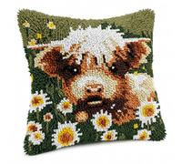 BUTORY 17x17in Latch Hook Pillow Kit DIY Crochet Cushion Cover with Yarn Hook Handmade Craft Present for Adult Beginner(colour-1-highland Cow)