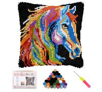 BUTORY 17x17in Latch Hook Pillow Kit DIY Crochet Cushion Cover with Yarn Hook Handmade Craft Present for Adult Beginner(colour-1-horse)