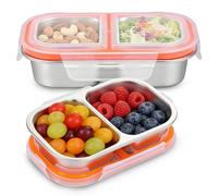 BUTORY 2Pcs Stainless Steel Snack Containers 400 ml Portable Divided Food Container with 2 Compartment and Lid Metal Sealed Meal Storage Box for Dishwasher Oven Microwave(silver-2-white cover)