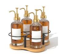 BUTORY Rotating Coffee Syrup Organizer Wood and Metal 16.9oz Syrup Bottle Holder for Countertop Coffee Bar Accessories with 4 Separate Slot