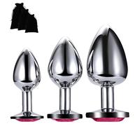 Butt Plug 3PCS Anal Sex Toys Set | Classic Rosebud Shape + Jewel | Metal, Stainless Steel | Anal Training Kit for Men, Women, Couples | Gay Sex Toys, Prostate Massager (Deep Pink)