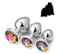 Butt Plug 3PCS Anal Sex Toys Set | Classic Rosebud Shape + Jewel | Metal, Stainless Steel | Anal Training Kit for Men, Women, Couples | Gay Sex Toys, Prostate Massager (Rainbow)