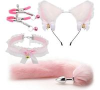 Butt Plug Tail Plug, Cute Fox Tail Plug Tail with Small Butt Plug Nipple Clamp Cat Ears Headband Metal Anal Sex Toys for Women Man Beginners Butt Trainer Set Adult Couples (Pink)
