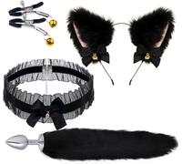 Butt Plug Tail Plug, Cute Fox Tail Plug Tail with Small Butt Plug Nipple Clamp Cat Ears Headband Metal Anal Sex Toys for Women Man Beginners Butt Trainer Set Adult Couples (Black)
