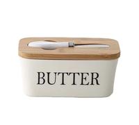 Butter Churner Hand Crank Mason Jar Countertop Ceramic Butter Container with Knife Holder Spreader Double Silicone Seals (White)