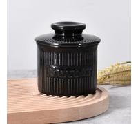 Butter Crock with Lid, Ceramic French Butter Dish for Spreadable Butter, Ribbed Butter Holder with Embossed Water Line, Housewarming Gifts, Black Stylish Home and Kitchen Counter Decor