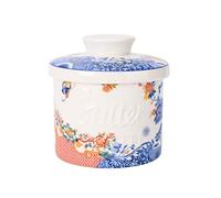 Butter Crock with Water Line, Ceramic Butter Keeper for Counter, French Butter Dish with Lid for Spreadable Fresh Butter (Orange and Blue Lotus)