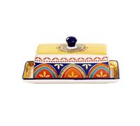Butter Dish Ceramic Butter Box European Tableware with Cover Plate Dim Sum Cheese Storage(Yellow)