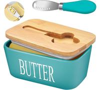Butter Dish, Ceramic Butter Dish with Wooden Lid & Stainless Steel Knife | Airtight Butter Keeper for Counter or Fridge, Butter Container with Double High-Quality Silicone