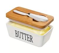 Butter Dish Ceramic Cream Dishes with Wooden Lid and Sealing Ring, Spreadable Porcelain Butter Knife, White