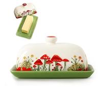 Butter Dish, Cute Butter Dish, Porcelain, High-Quality Ceramic with Colourful Mushroom Patterns, for a Normal 250 g Piece of Butter, Kitchen Decorating, Dishwasher Safe