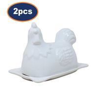Butter Dish Hen Design Novelty Porcelain White Storage Container Kitchen 2Pcs