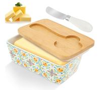 Butter Dish with Bamboo Lid 5.83" Large Butter Dish for Countertop Bohemian Ceramic Cheese Keeper Container with Knife and Removable Silicone Seals, Cheese Holder for Counter or Fridge(Style B)