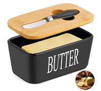 Butter Dish with Bamboo Lid & Stainless Steel Blade Spreader, High Quality Silicone Seal Cover Ceramic Butter Container, Large Black Porcelain Butter Dishes Perfect for Nuts, Cheese (14.5x8.4x9.4 cm)