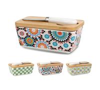 Butter Dish with Lid, 5.8" Large Butter Dish for Countertop, Ceramic Butter Keeper Container with Knife and High-Quality Silicone Sealing Butter Box for Home Decor Kitchen Gifts (Boho 1)